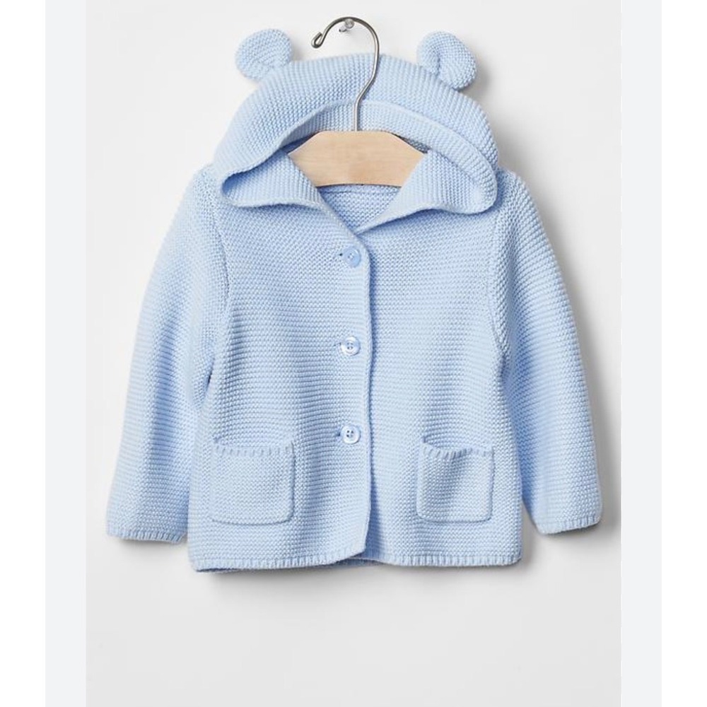 Baby Gap Light Blue Garter Stitch Knit Bear Ear Hooded Cardigan Sweater 6-12M
